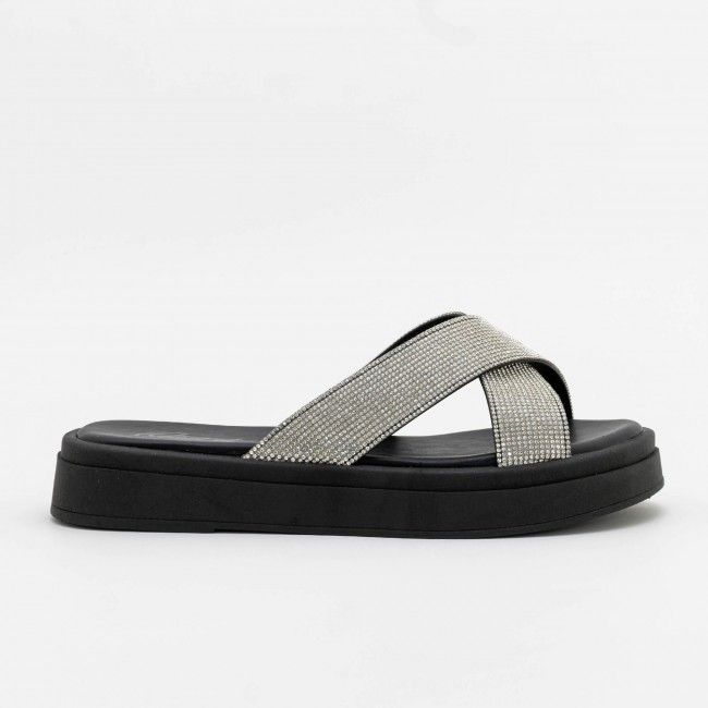 Mule Flatform Tiras Cruzadas com Strass Preto Mule Flatform Tiras Cruzadas com Strass Preto