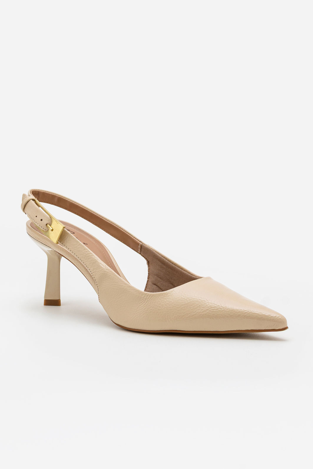 Slingback em Verniz com Fivela e Salto Geométrico Amêndoa Slingback em Verniz com Fivela e Salto Geométrico Amêndoa