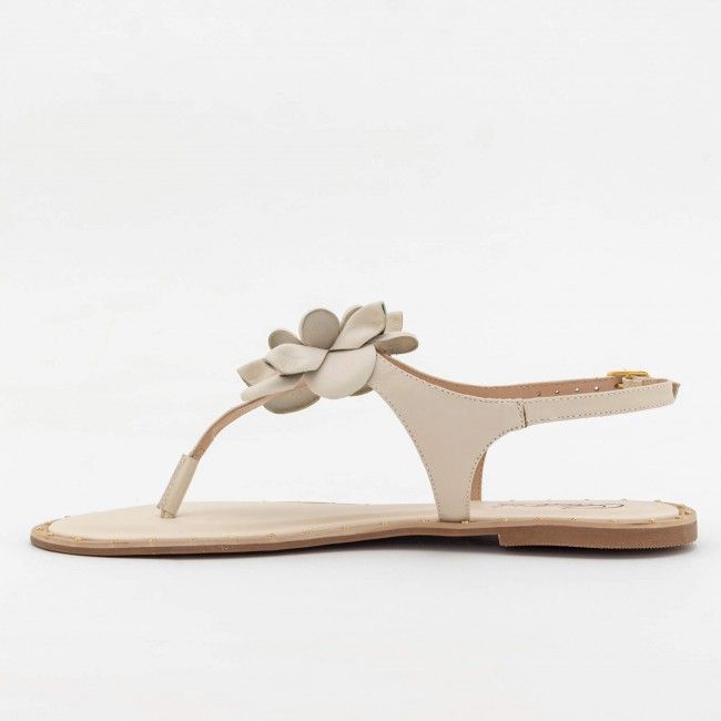 Rasteira Delicada com Flor em Couro Off White