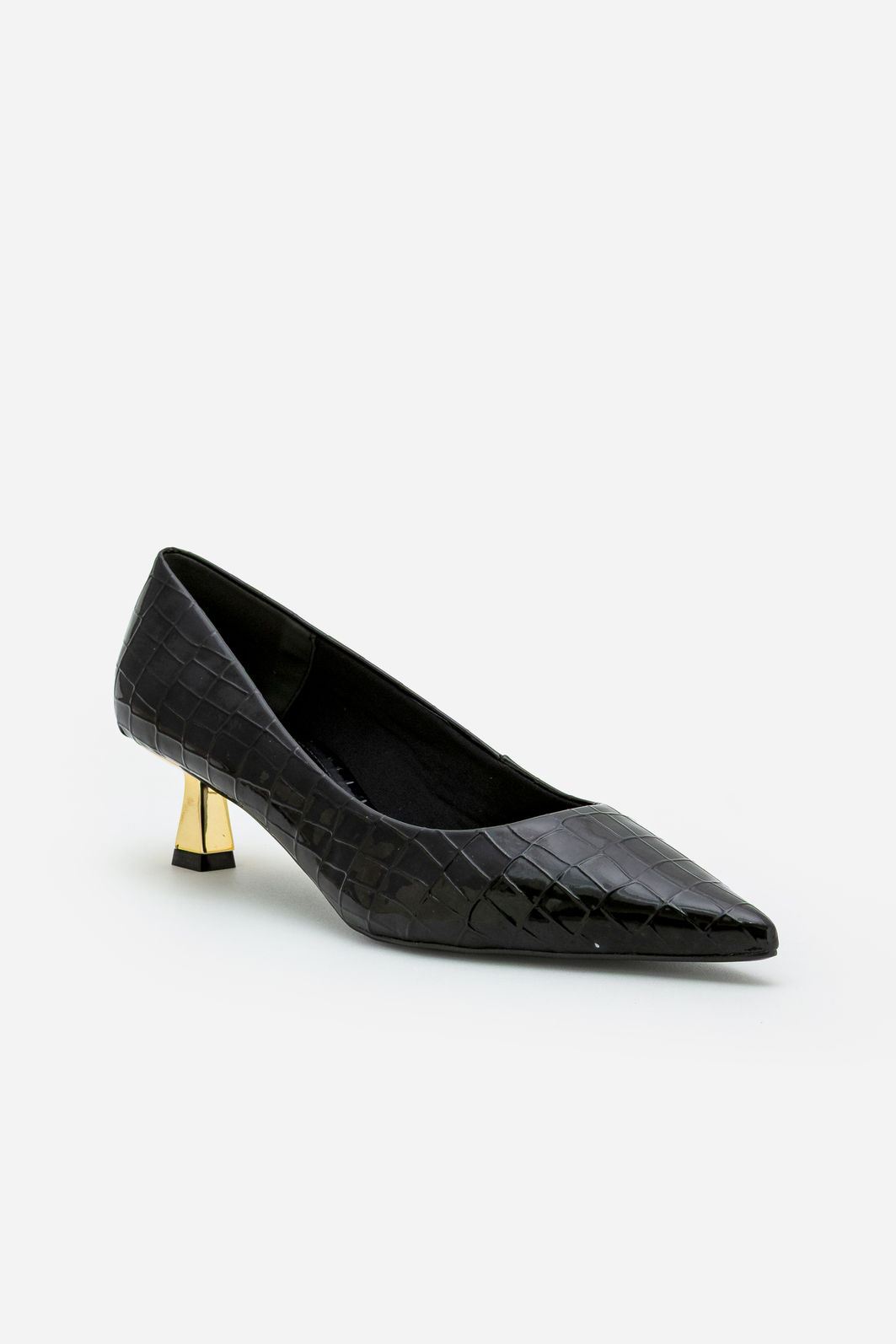Scarpin em Croco Verniz com Salto Cromado Preto Scarpin em Croco Verniz com Salto Cromado Preto