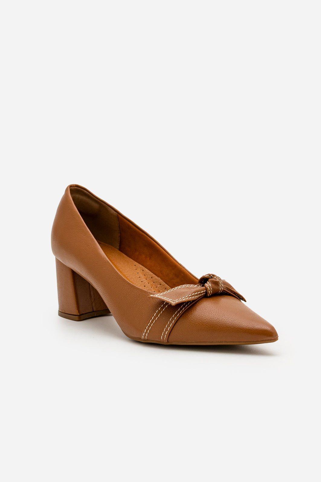 Scarpin Laço com Pesponto em Couro Caramelo Scarpin Laço com Pesponto em Couro Caramelo