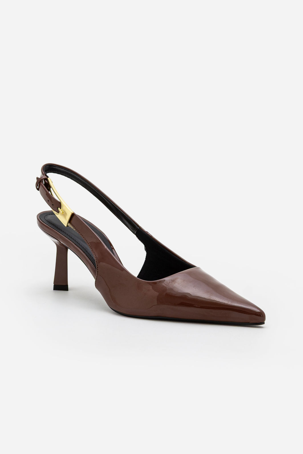 Slingback em Verniz com Fivela e Salto Geométrico Café Slingback em Verniz com Fivela e Salto Geométrico Café