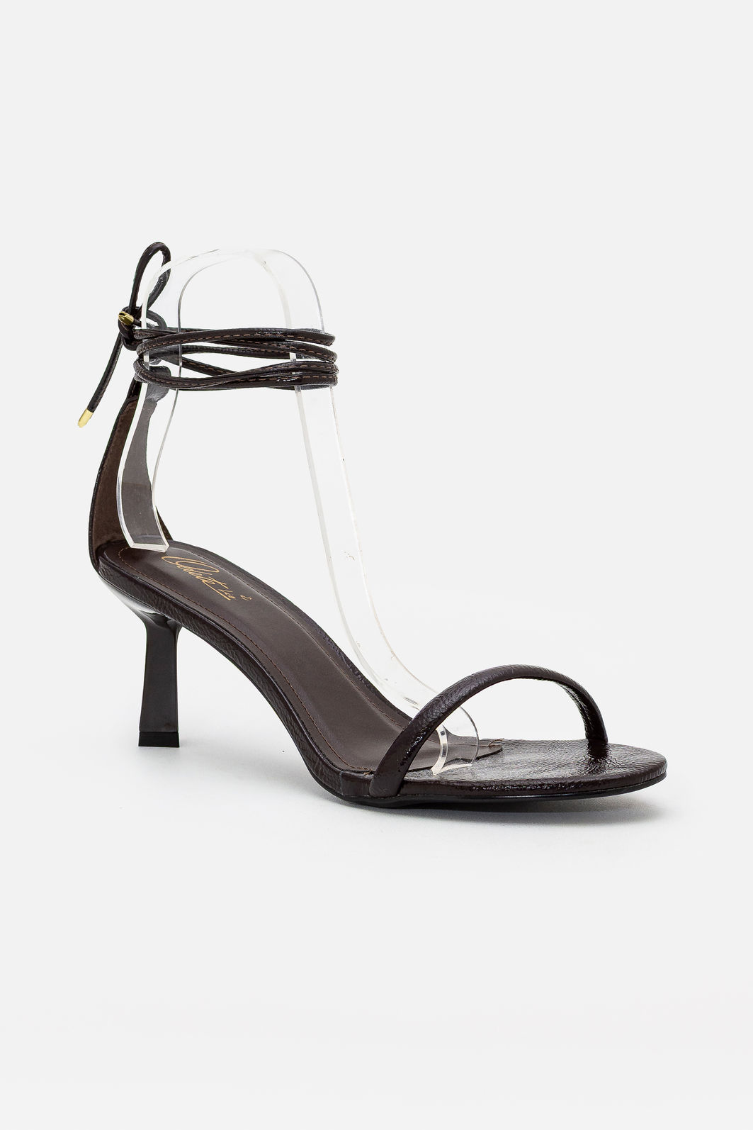 Sandália Delicada com Tira Fina com Salto Geométrico Marrom Sandália Delicada com Tira Fina com Salto Geométrico Marrom