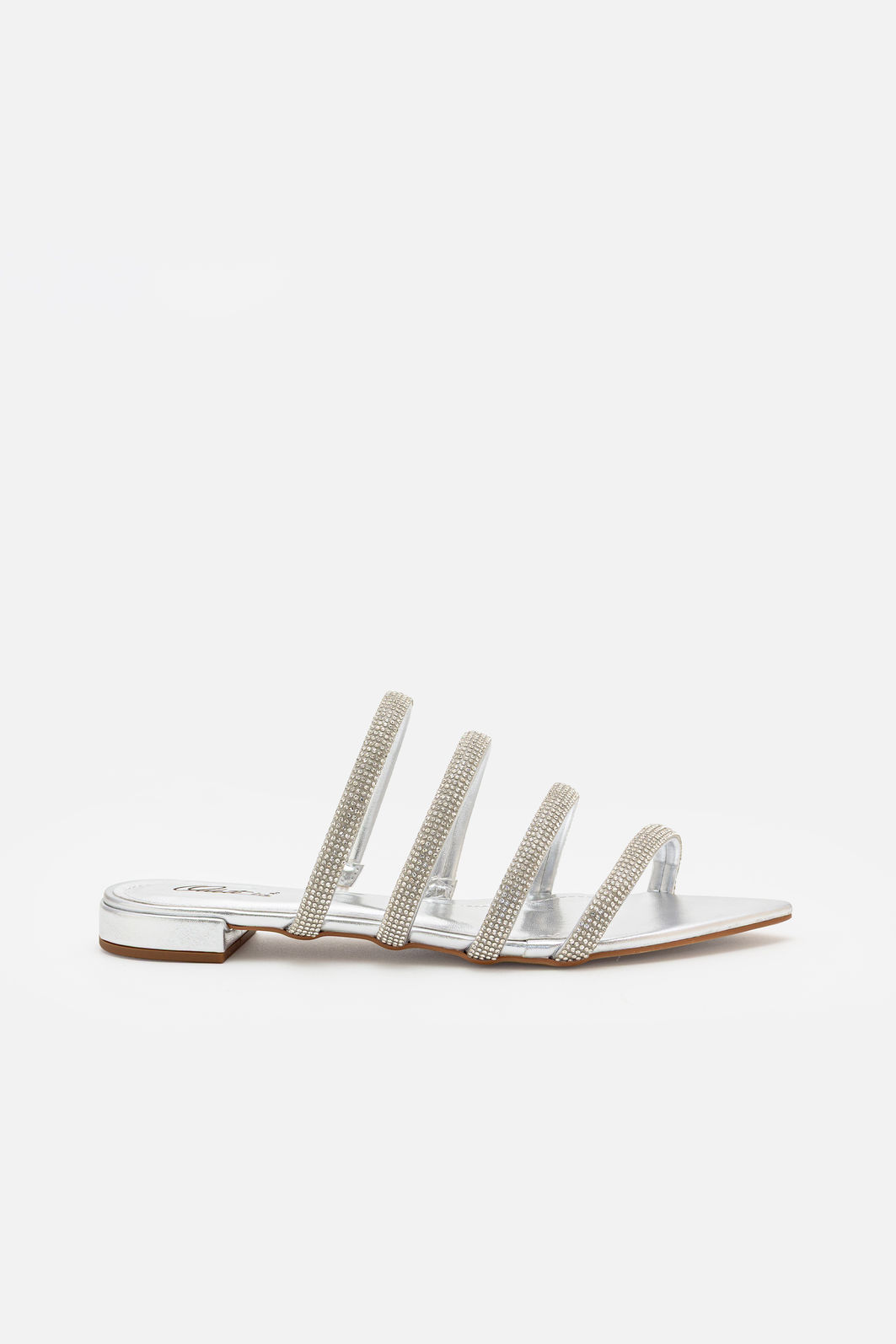 Rasteira Elegante com Tiras Brilhantes e Bico Folha Prata Rasteira Elegante com Tiras Brilhantes e Bico Folha Prata