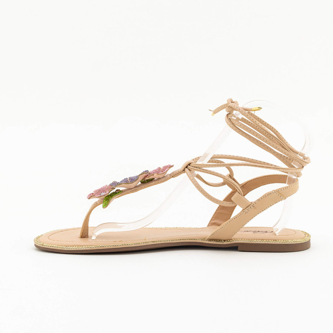 Rasteira Flores com Strass Amêndoa Rasteira Flores com Strass Amêndoa