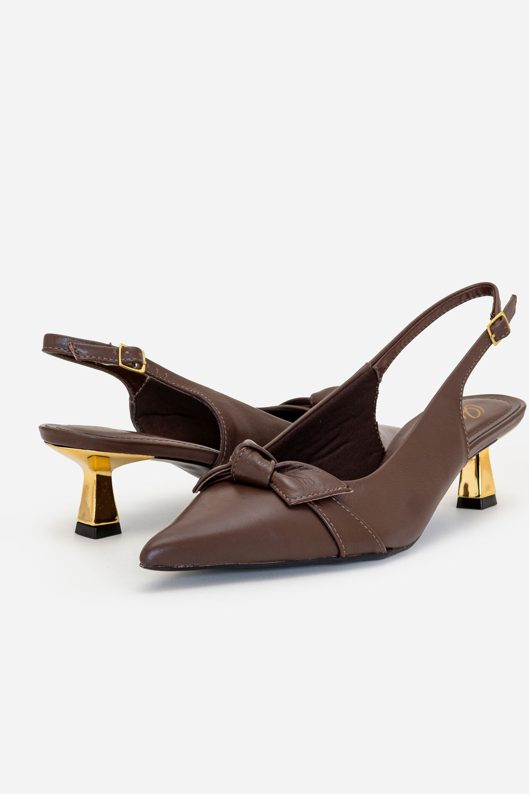 Slingback com Laço em Couro e Salto Cromado Marrom Slingback com Laço em Couro e Salto Cromado Marrom