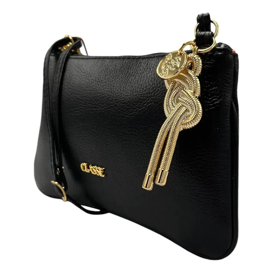 Bolsa em Couro com Enfeite Pequena Preta Bolsa em Couro com Enfeite Pequena Preta