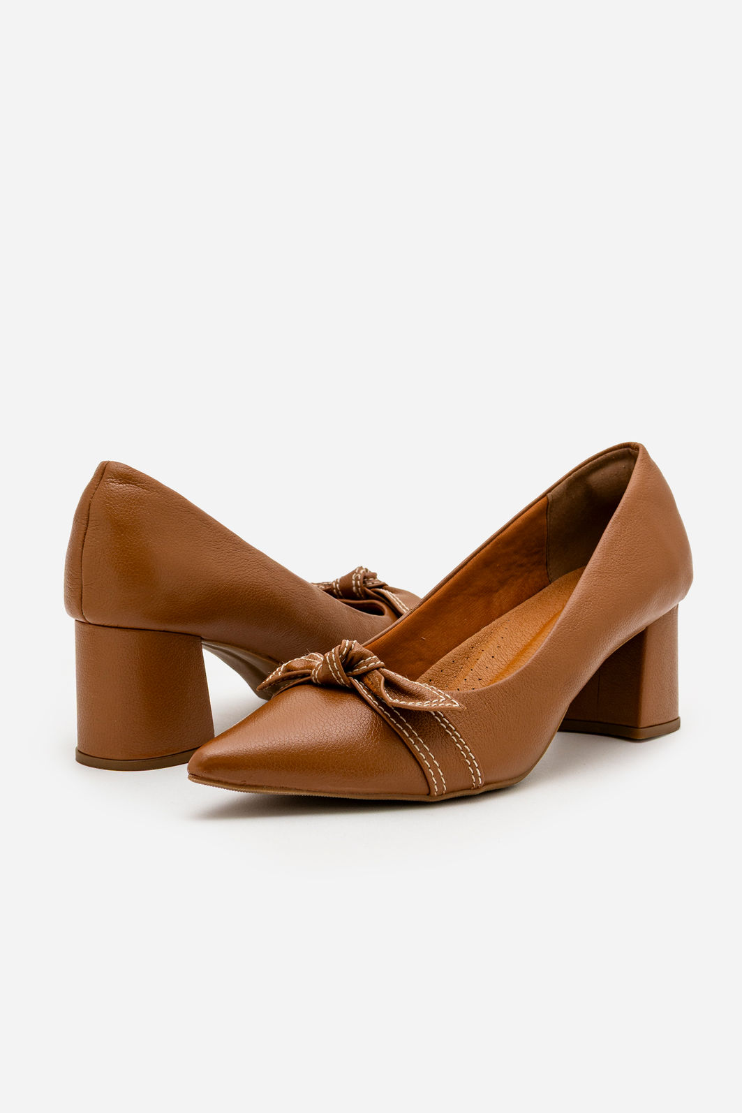 Scarpin Laço com Pesponto em Couro Caramelo Scarpin Laço com Pesponto em Couro Caramelo