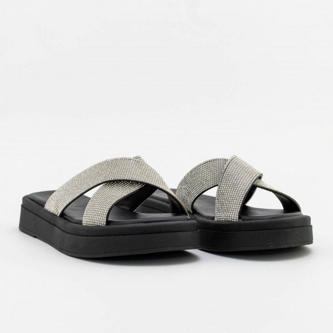 Mule Flatform Tiras Cruzadas com Strass Preto Mule Flatform Tiras Cruzadas com Strass Preto