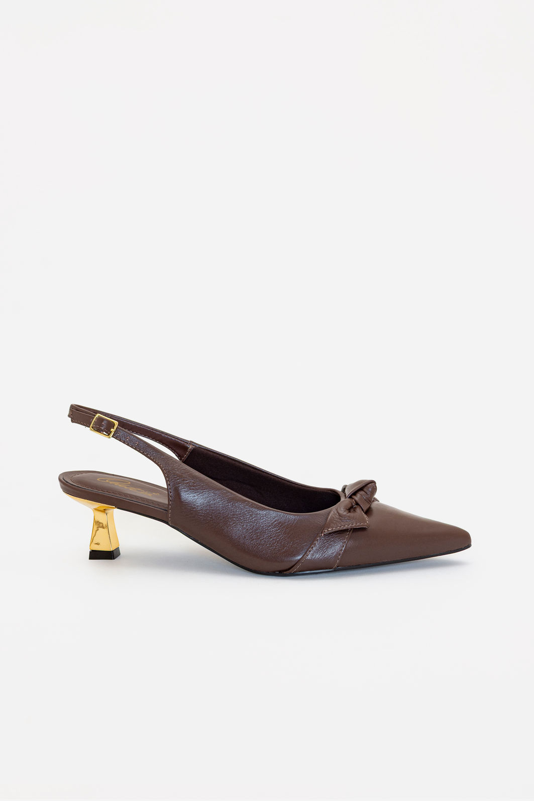 Slingback com Laço em Couro e Salto Cromado Marrom Slingback com Laço em Couro e Salto Cromado Marrom