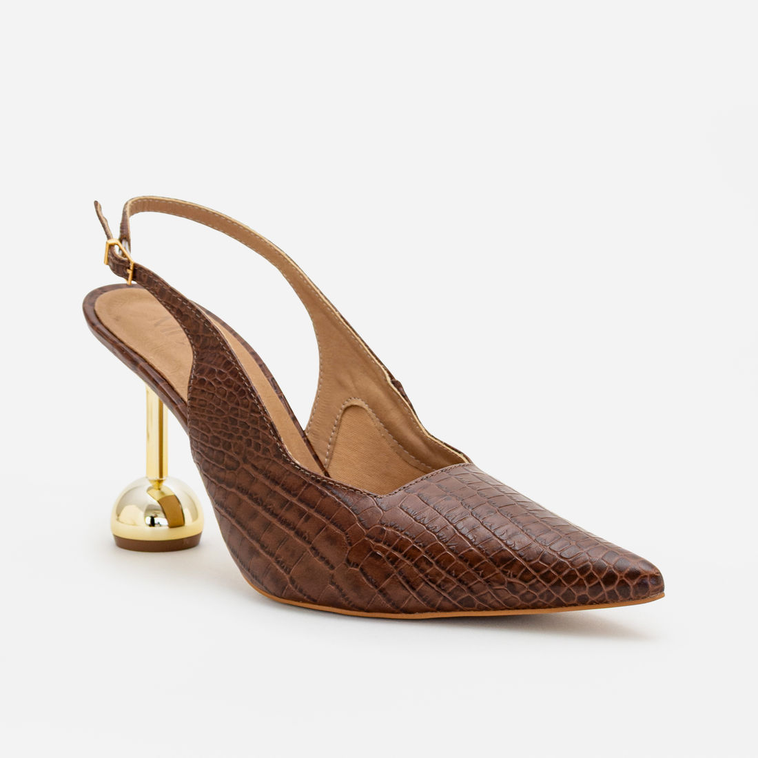 Slingback em Couro com Salto Cromado Marrom Slingback em Couro com Salto Cromado Marrom
