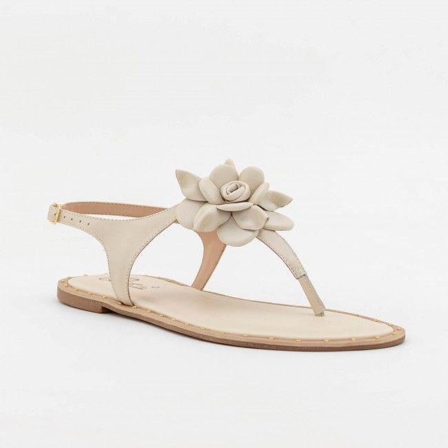 Rasteira Delicada com Flor em Couro Off White