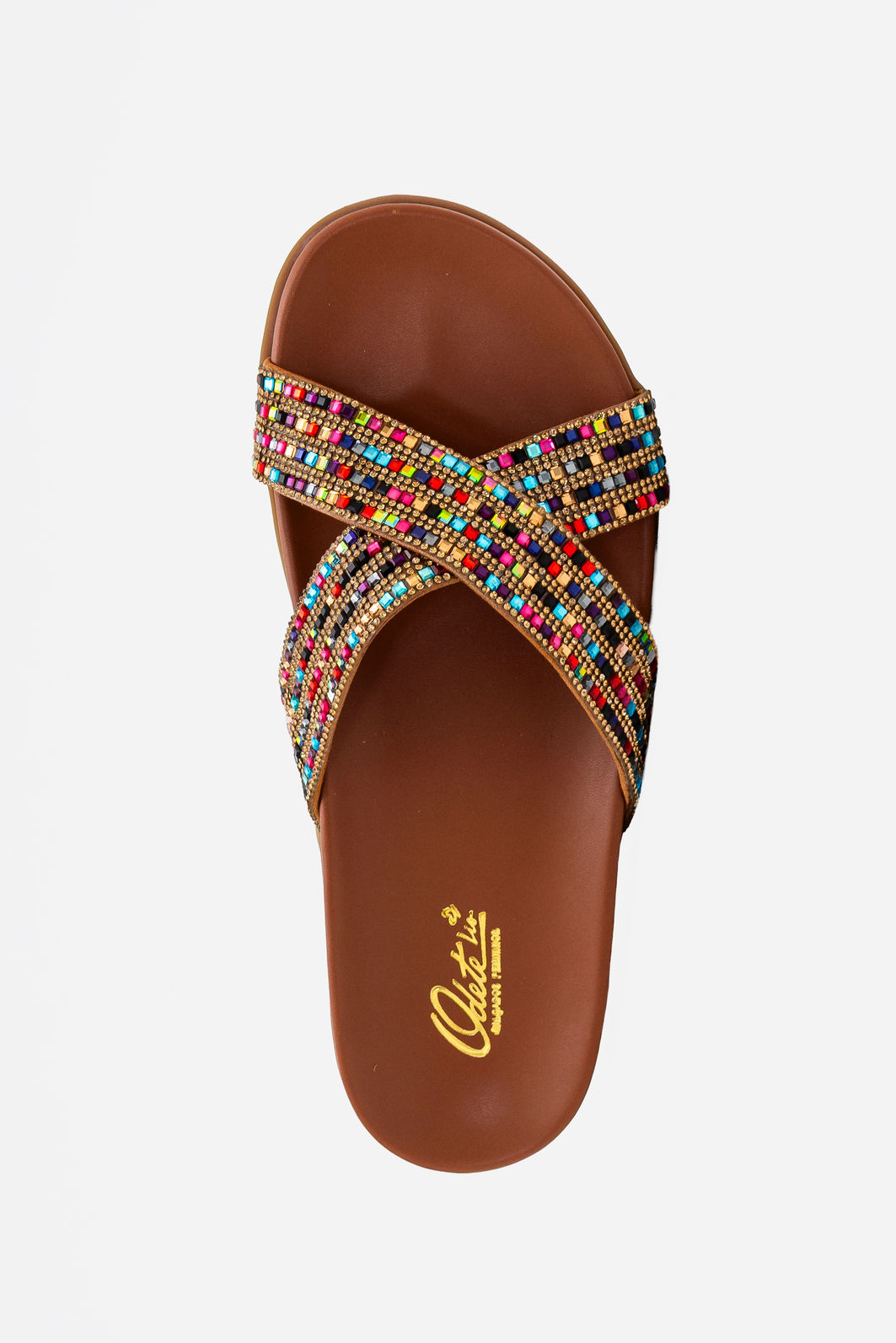 Papete Tiras Cruzadas com Pedraria Tostado Papete Tiras Cruzadas com Pedraria Tostado