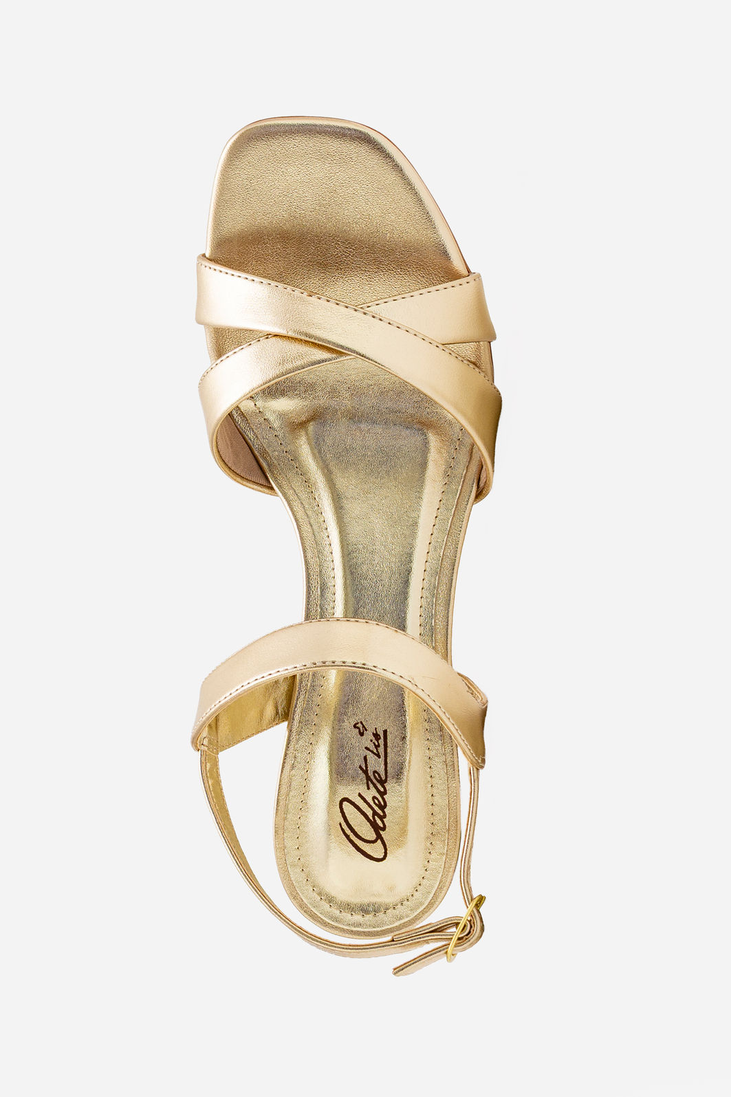 Sandália com Tiras Cruzadas e Salto Cromado Champagne Sandália com Tiras Cruzadas e Salto Cromado Champagne