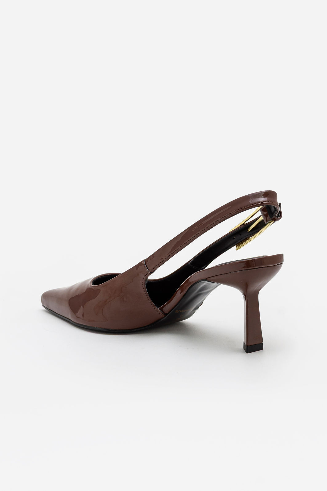 Slingback em Verniz com Fivela e Salto Geométrico Café Slingback em Verniz com Fivela e Salto Geométrico Café