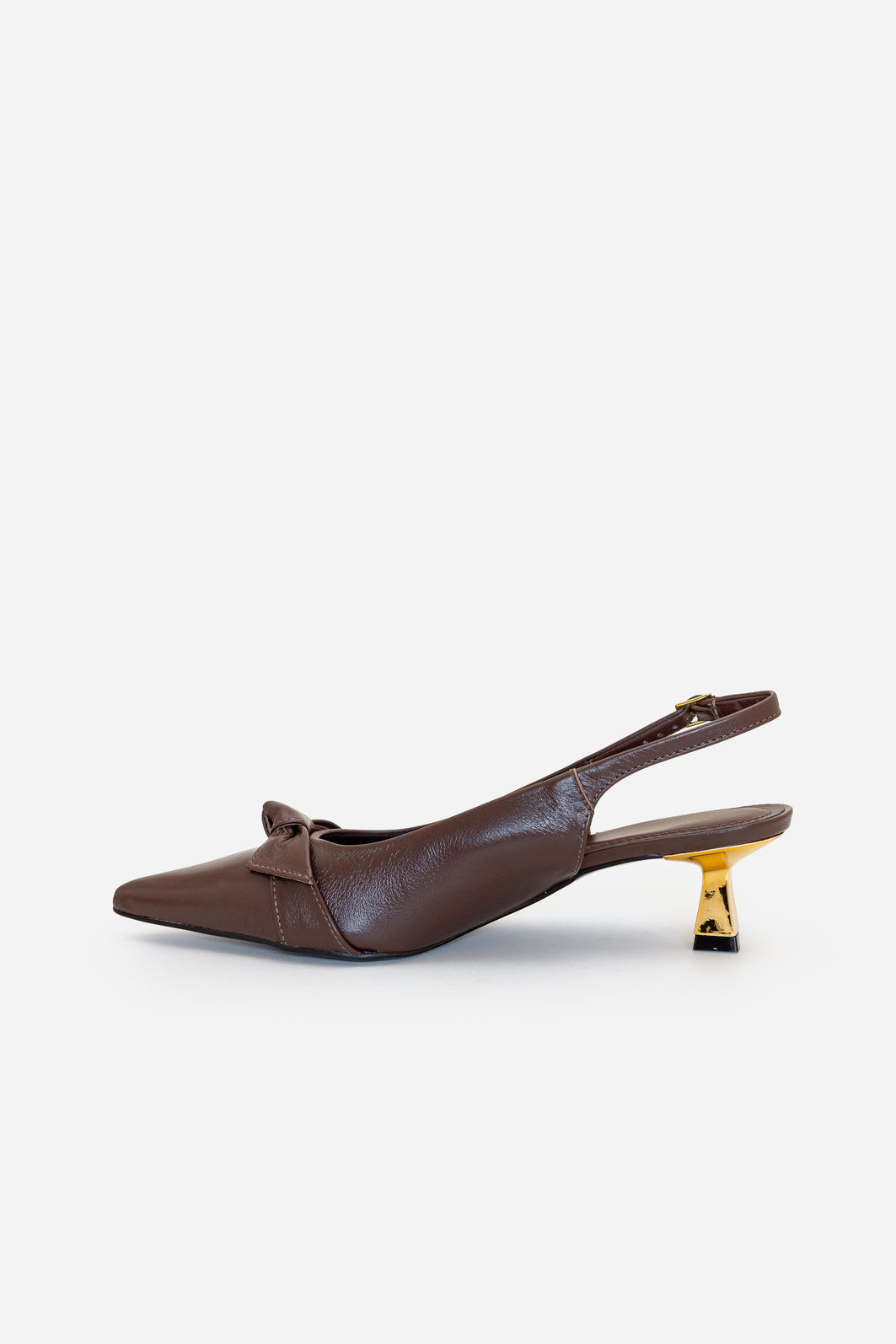 Slingback com Laço em Couro e Salto Cromado Marrom Slingback com Laço em Couro e Salto Cromado Marrom
