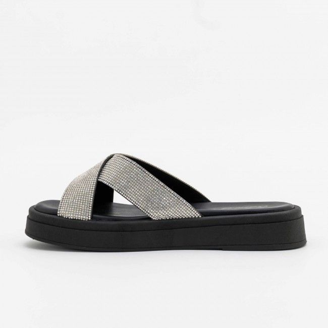 Mule Flatform Tiras Cruzadas com Strass Preto Mule Flatform Tiras Cruzadas com Strass Preto