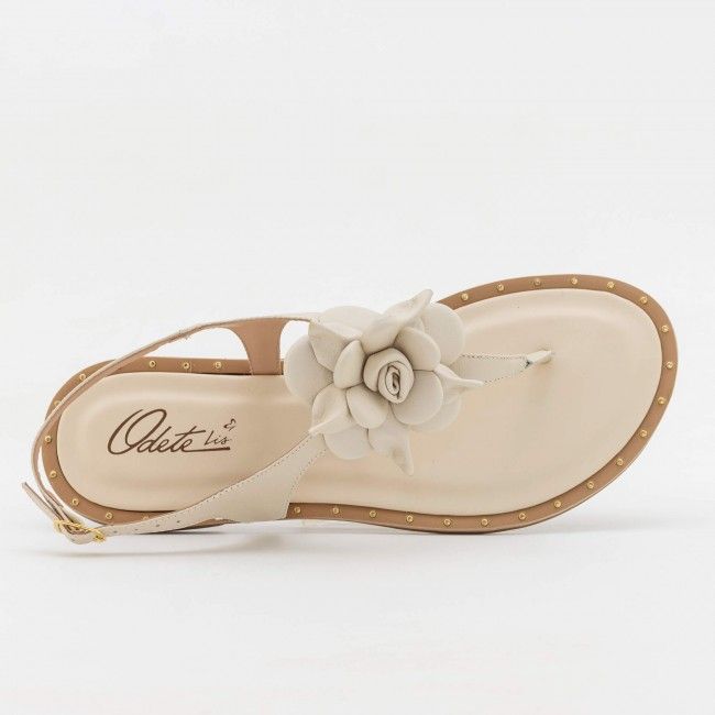 Rasteira Delicada com Flor em Couro Off White