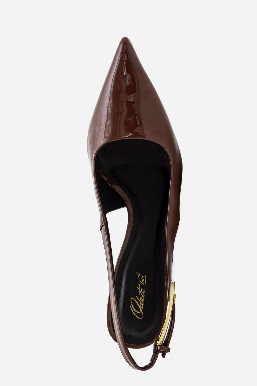 Slingback em Verniz com Fivela e Salto Geométrico Café Slingback em Verniz com Fivela e Salto Geométrico Café
