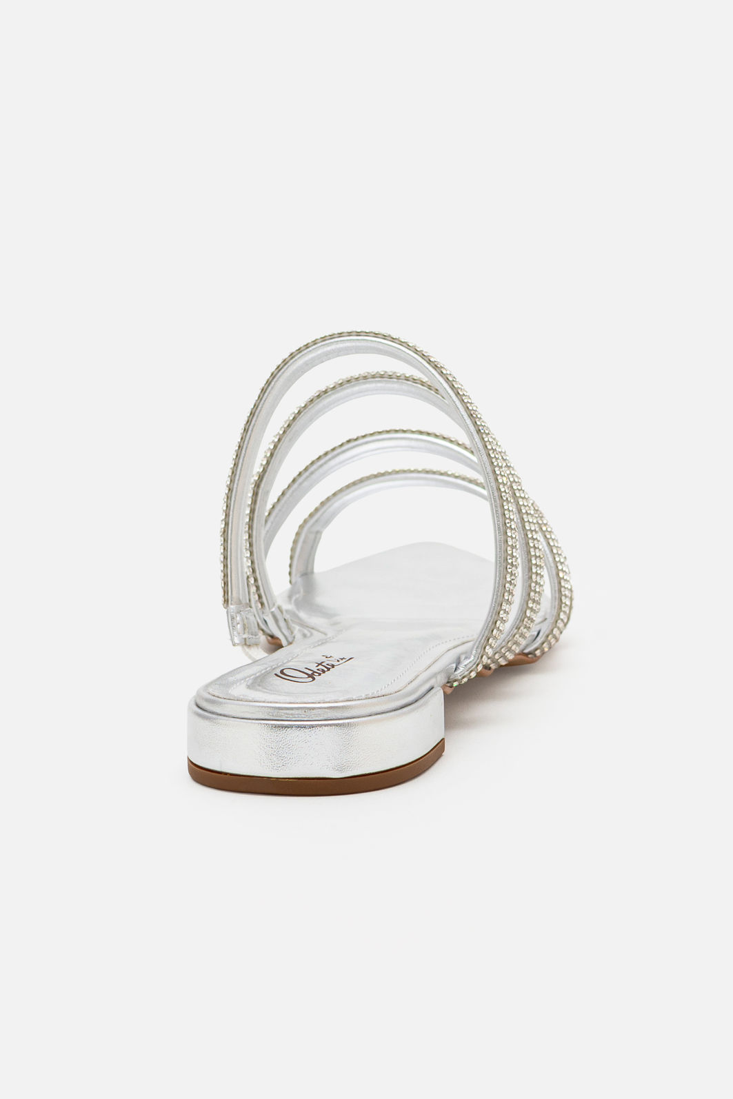 Rasteira Elegante com Tiras Brilhantes e Bico Folha Prata Rasteira Elegante com Tiras Brilhantes e Bico Folha Prata