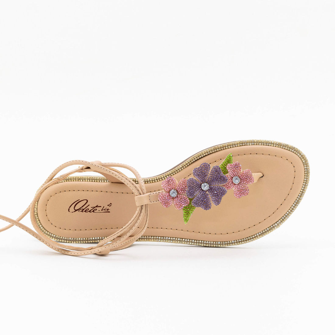 Rasteira Flores com Strass Amêndoa Rasteira Flores com Strass Amêndoa