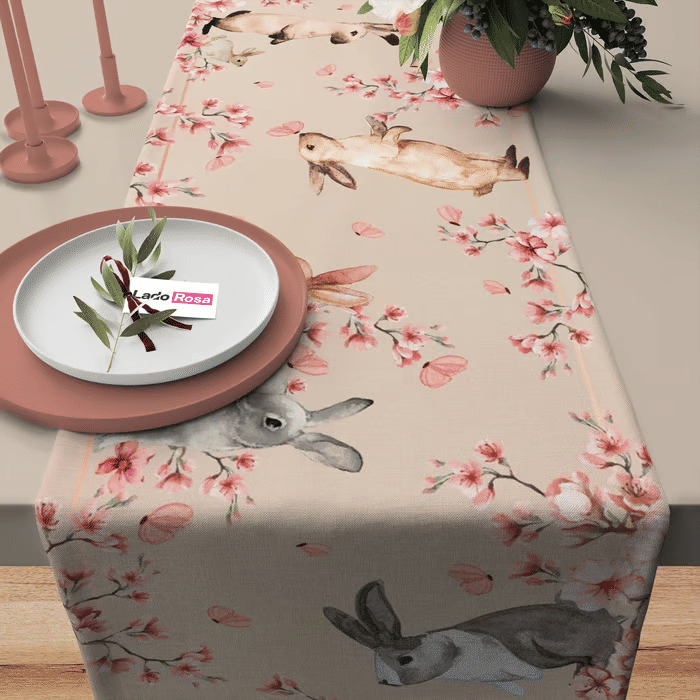 Trilho de Mesa Caminho de Mesa Pascoa Rabbit Rosa - 50x140cm - Trilho de Mesa Caminho de Mesa Pascoa Rabbit Rosa - 50x140cm -