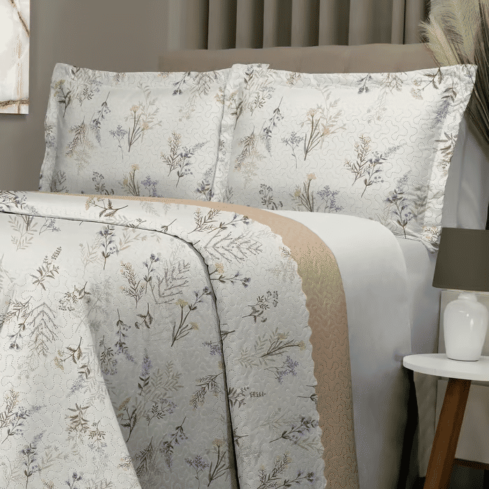 Kit: 1 Cobre-leito Bouti de Microfibra Ultrasonic Estampada + Porta-Travesseiros - Catherine Bege