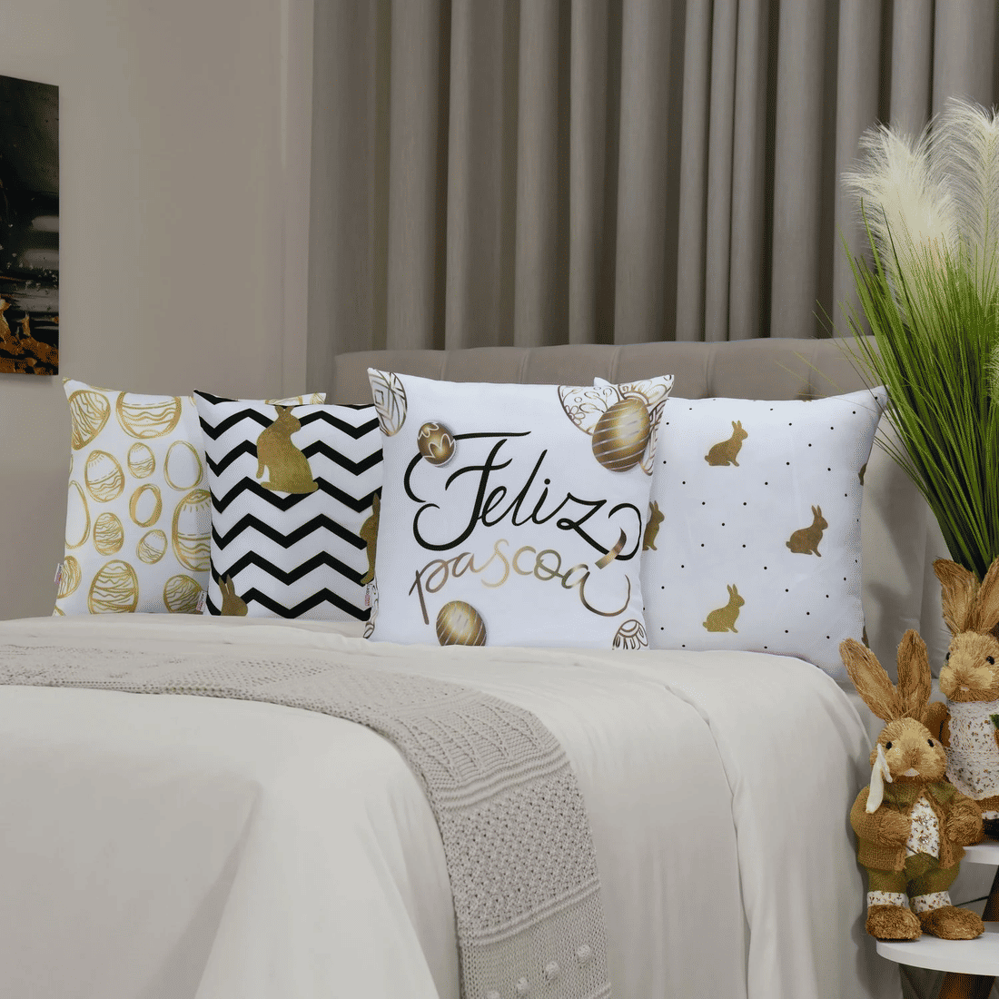 Kit: 4 Capas de Almofada Decorativas Pascoa Gold 