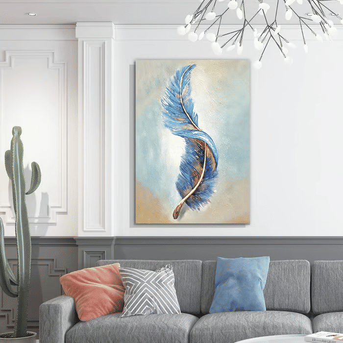 Tela Decorativa Grande Pena Azul Dourada