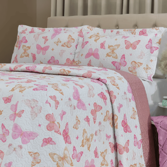 Kit: 1 Cobre-leito Bouti de Microfibra Ultrassonic Estampada + Porta-Travesseiros - Iris Rosa