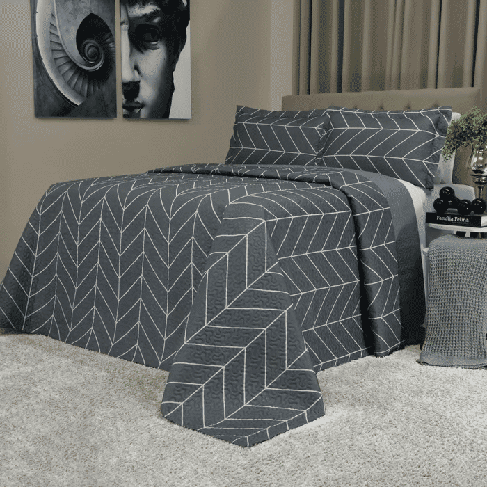 Kit: 1 Cobre-leito Bouti de Microfibra Ultrassonic Estampada + Porta-Travesseiros - Theo Cinza