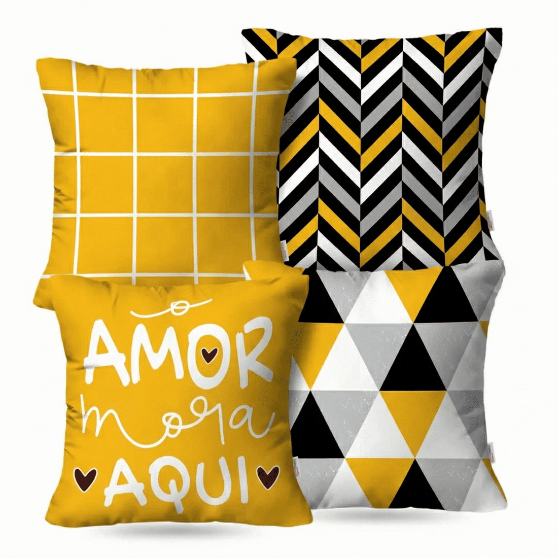 Kit 4 Capas de Almofada Decorativas O Amor Mora Aqui Amarelo
