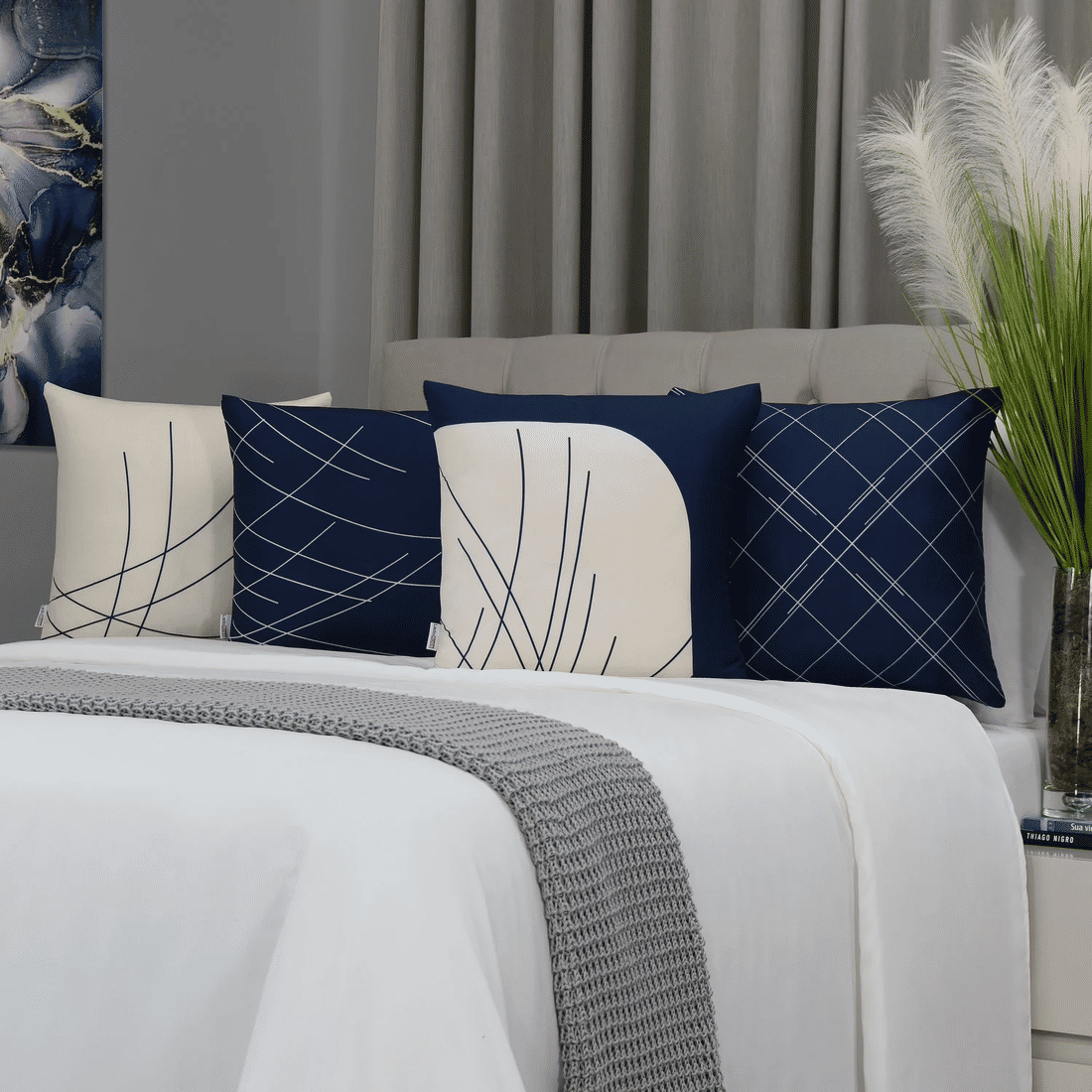 Kit: 4 Capas de Almofada Decorativas Linhas Marinho e Bege