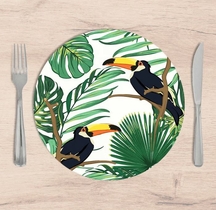 Kit: 4 Capas de Sousplat Redondo Tropical Toucan - 35x35 Kit: 4 Capas de Sousplat Redondo Tropical Toucan - 35x35