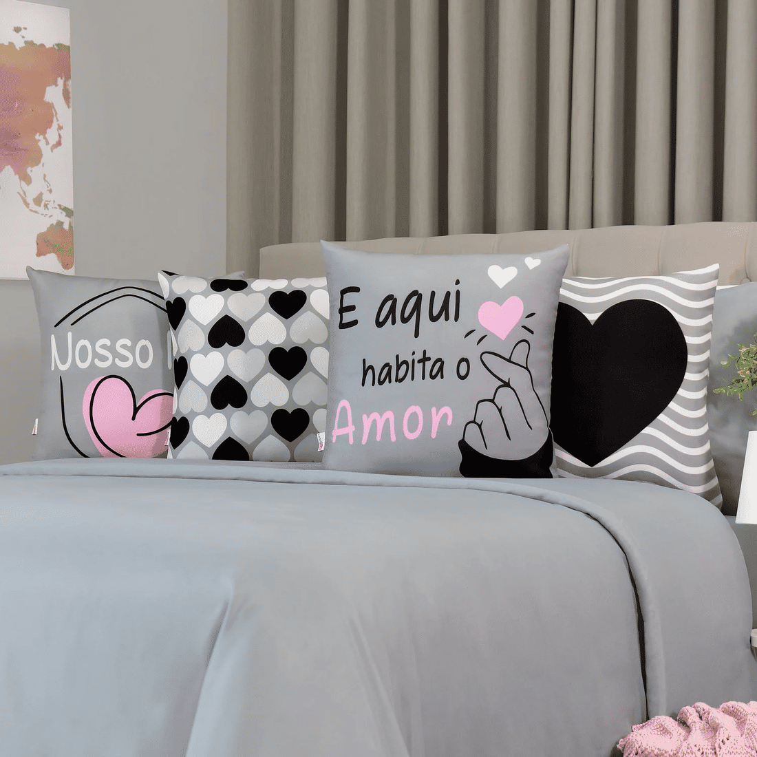 Kit: 4 Capas de Almofada Decorativas Amor Nosso Lar Cinza