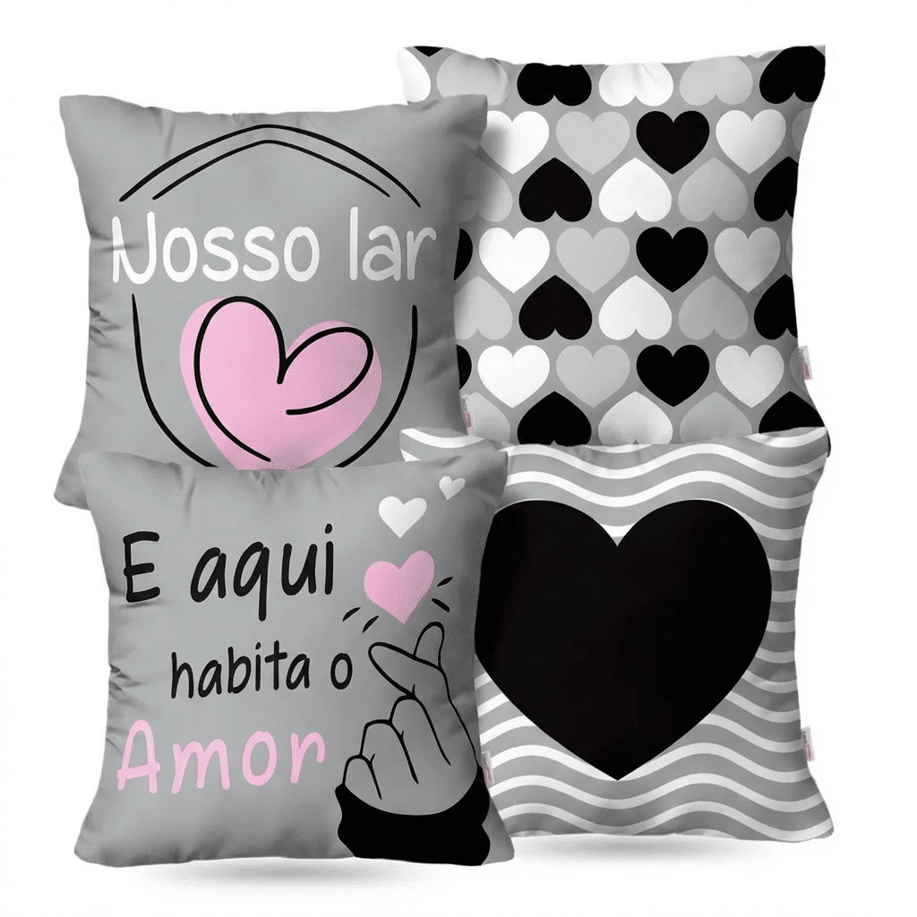 Kit: 4 Capas de Almofada Decorativas Amor Nosso Lar Cinza