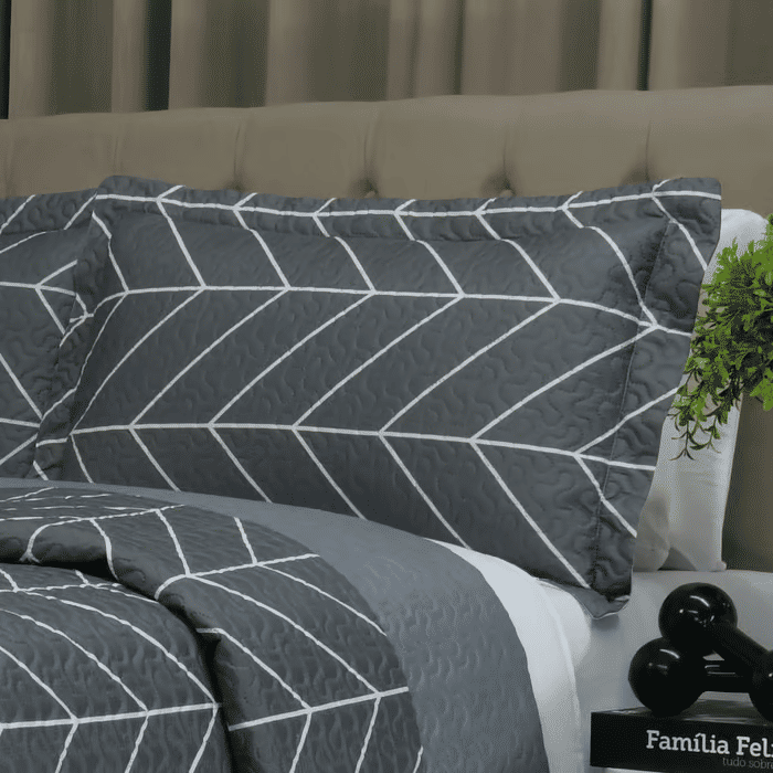 Kit: 1 Cobre-leito Bouti de Microfibra Ultrassonic Estampada + Porta-Travesseiros - Theo Cinza