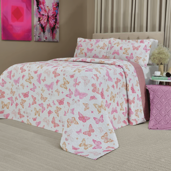 Kit: 1 Cobre-leito Bouti de Microfibra Ultrassonic Estampada + Porta-Travesseiros - Iris Rosa