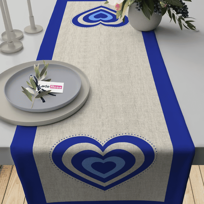 Trilho de Mesa Caminho de Mesa Coração Azul - 50x140cm -   