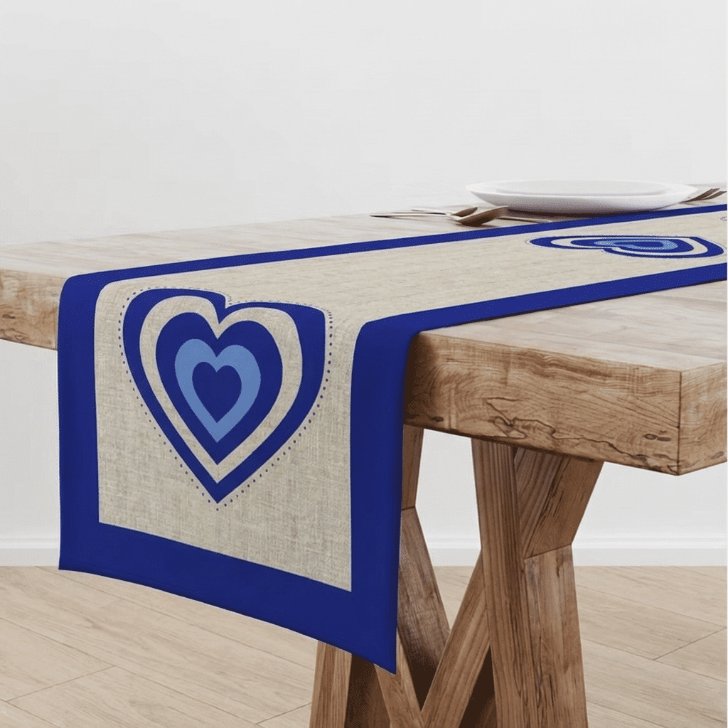Trilho de Mesa Caminho de Mesa Coração Azul - 50x140cm -   