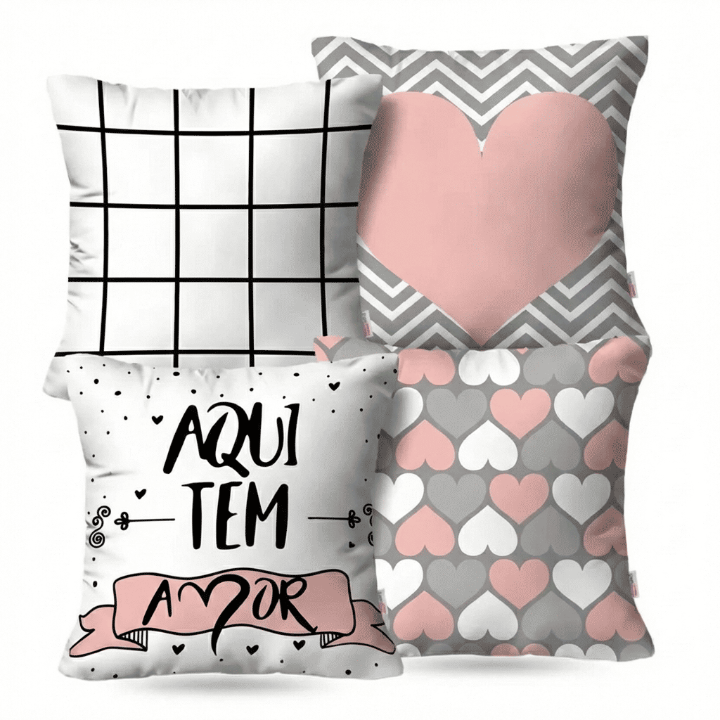 Kit: 4 Capas de Almofada Decorativas Aqui Tem Amor