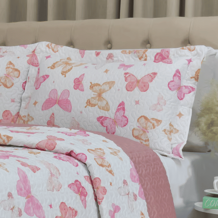 Kit: 1 Cobre-leito Bouti de Microfibra Ultrassonic Estampada + Porta-Travesseiros - Iris Rosa