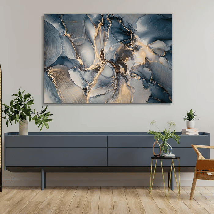 Tela Decorativa Grande Marmore Azul Ouro