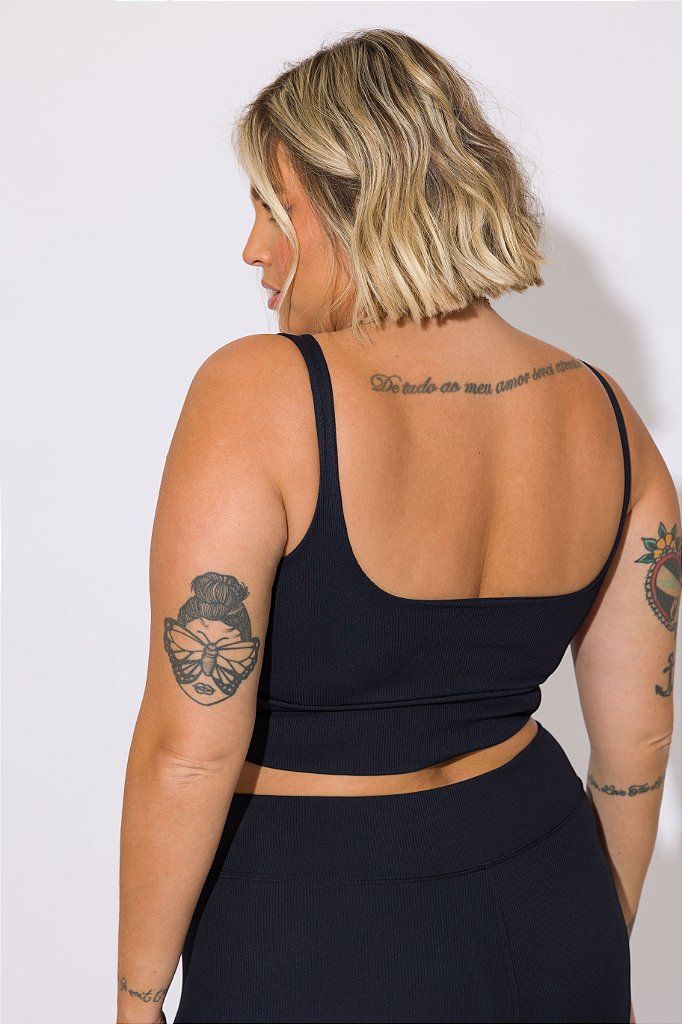 Top Fitness Plus Size Canelado Preto