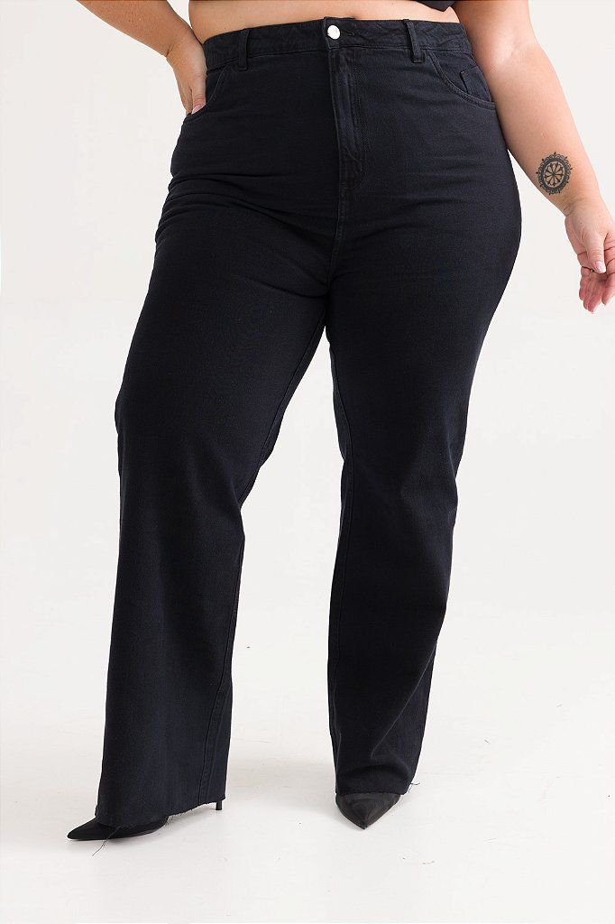 Calça Jeans Wide Leg Plus Size Preta