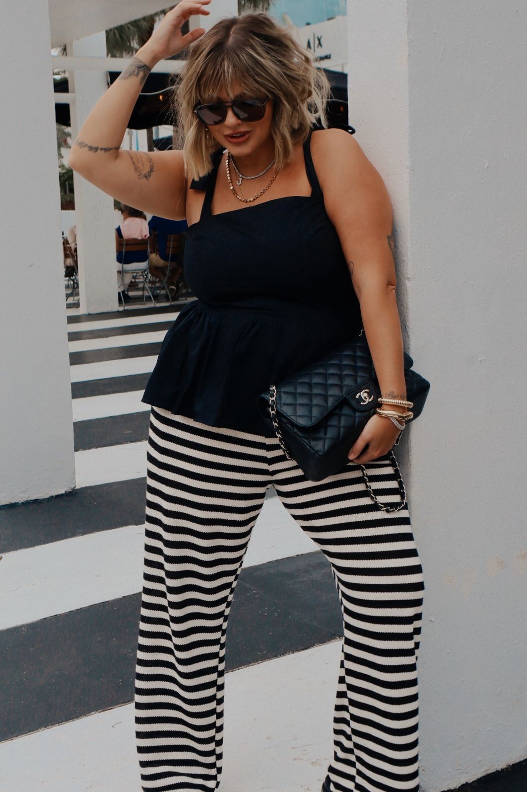 Pantalona Crochet Listrado Preto e Branco