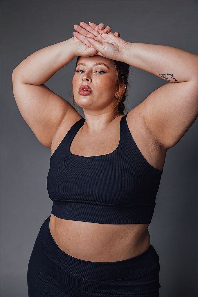 Top Fitness Plus Size Canelado Preto