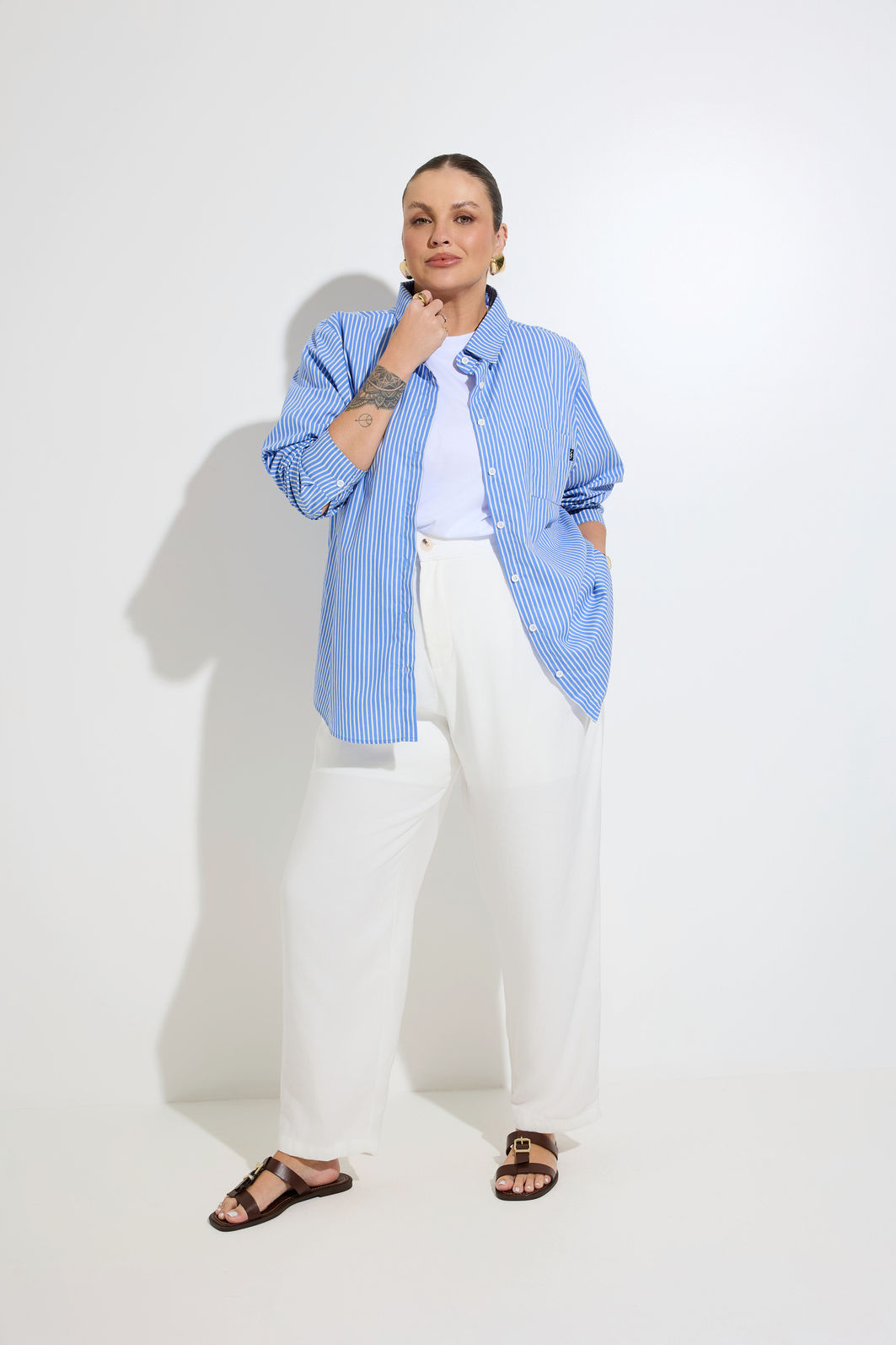 Camisa Tricoline Listrada Azul e Off