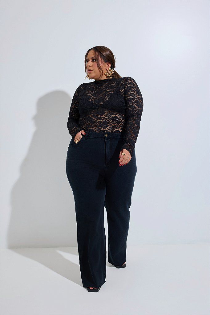 Calça Jeans Wide Leg Plus Size Preta