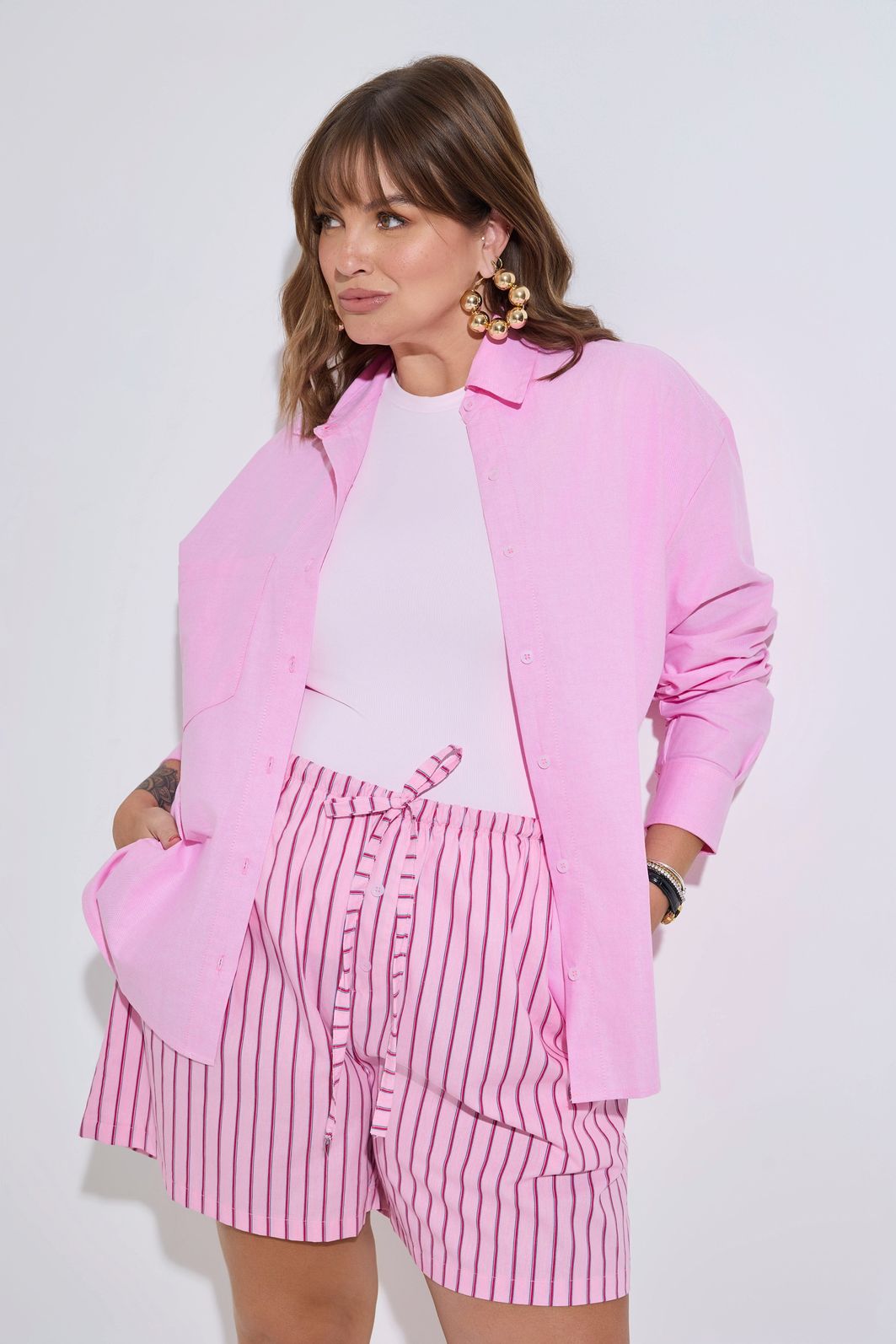 Shorts Sheron Tricoline Listrado Rosa